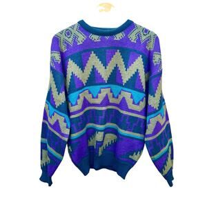 Vintage Multicolor Abstract Art Pattern Knit Sweater Medium 21x28